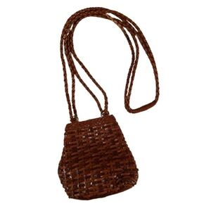 Vintage CEM Woven Leather Crossbody Bag Snap Closure in Brown Leather Gold Hrdwr